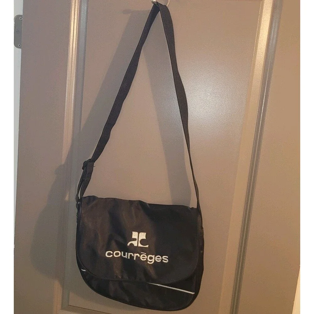 COURREGES Black Silver Logo Nylon Messenger Bag Vintage Crossbody 1990s
